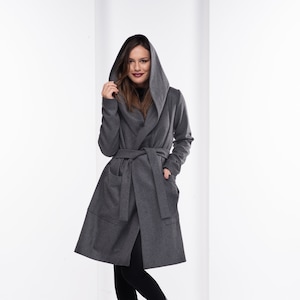 Gray Wool Coat Women, Plus Size Hooded Cape Coat, Winter Trench Coat