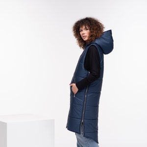 Long Hooded Quilted Jacket, Steampunk Vest Women, Sleeveless Down Coat Hoodie