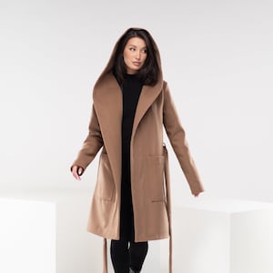 Hooded Camel Wool Coat, Long Winter Coat with Belt, Womens Trench Coat, Camel Wrap Coat with Pockets, Adult Cape Coat, Nice Oversized Coat
