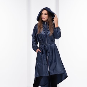 Giacca antipioggia gotica, impermeabile lungo da donna, cappotto con cappuccio asimmetrico, abbigliamento gotico audace