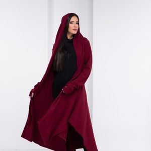 Burgundy Medieval Cloak, Long Witch Cape, Viking Hooded Cloak, Cyberpunk Cosplay Clothing