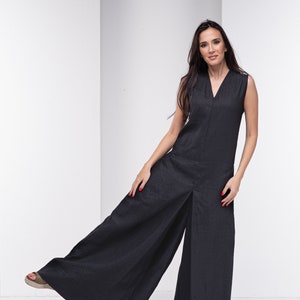 Tuta in lino, tuta in lino nera, tuta a gamba larga, tuta ampia, abbigliamento in lino, tuta estiva, tuta con cavallo basso, oversize