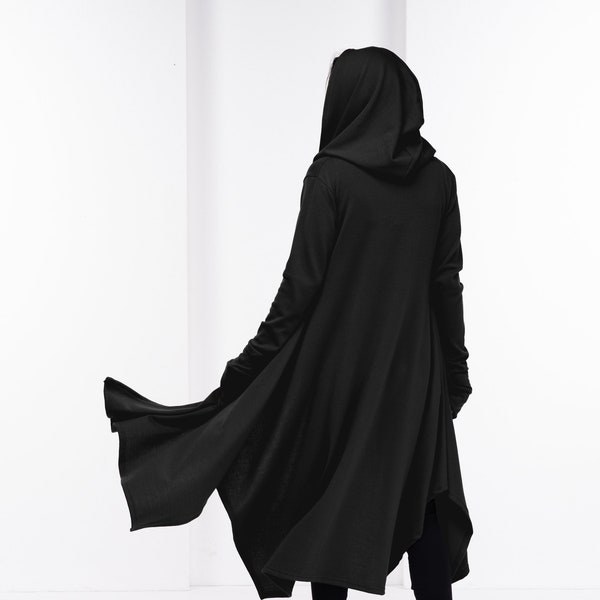 Black Long Sweater Coat, Wool Witch Cloak, Hooded Black Cape, Plus Size Womens Clothing