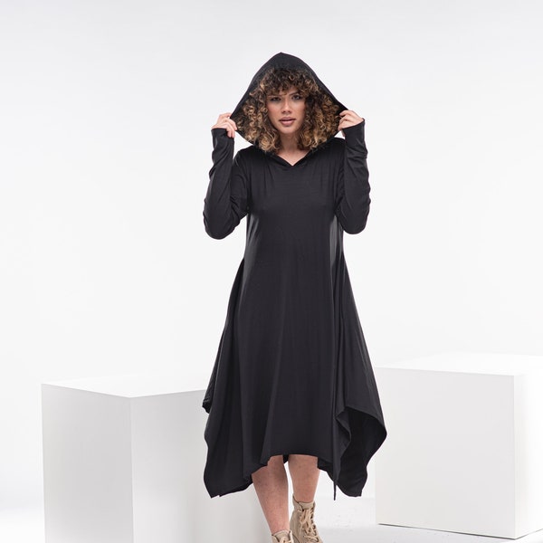 Asymmetrisches Kapuzenkleid, Avantgarde-Kleid, Gothic Hoodiekleid, Maxikleid mit Kapuze, Gothic-Kleidung in Übergröße