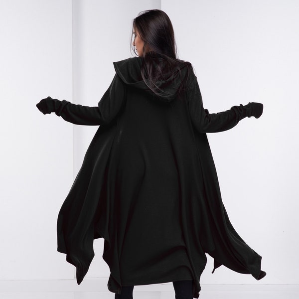 Long Swing Hooded Black Cloak : Wool Cyberpunk Fantasy Cape Cardigan with Pockets