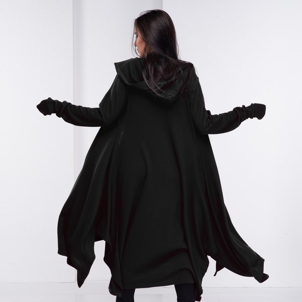 Black Witch Cloak, Wool Fantasy Cape, Cyberpunk Cloak with Hood, Long Wizard Cardigan, Plus Size Witch Clothing, Hooded Wool Cloak /RTS