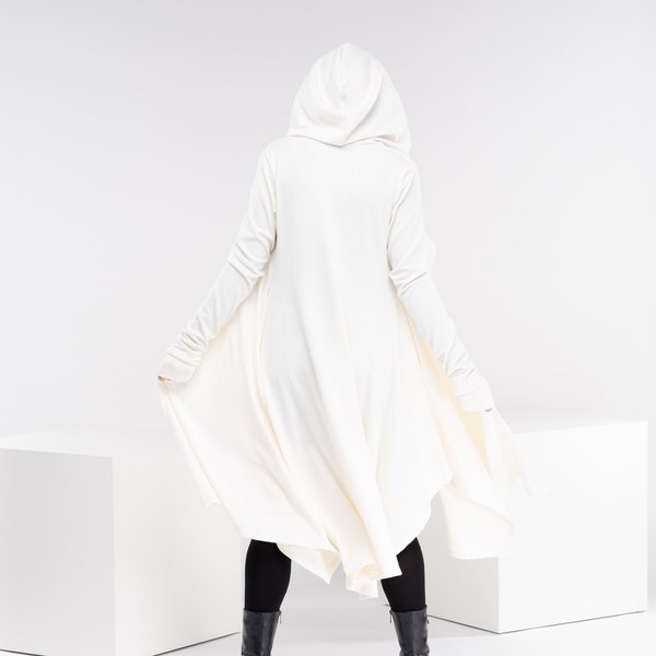 Wool Cloak with Hood, White Plus Size Cape, Hooded Winter Cardigan, Long Elven Cloak, Futuristic Clothing, Fantasy Cloak
