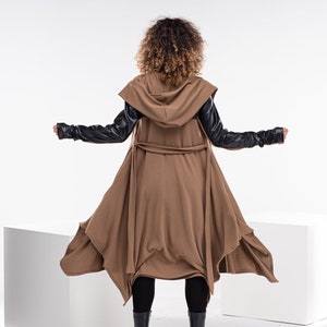 Wool Cardigan Women, Fantasy Cape Coat, Goth Hoodies for Women, Leather Hooded Cardigan