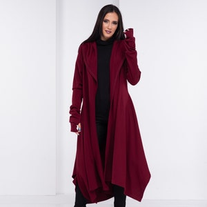 Cloak with Hood, Kimono Knit Cardigan, Wool Cape, Oversized Open Cardigan, Burgundy Medieval Cloak, Long Hooded Cardigan