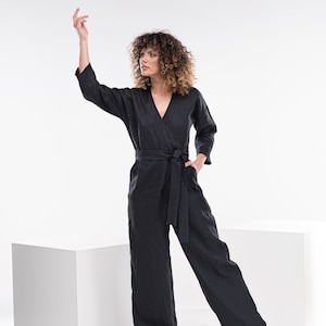 Black Linen Jumpsuit, Linen Romper Women, Kimono Bohemian Jumpsuit, Linen Overalls, Loose Linen Jumpsuit