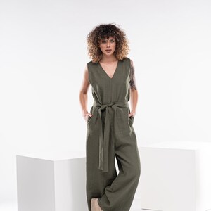 Linen Green Jumpsuit, Womens Palazzo Jumpsuit, Summer Boho Jumpsuit, Plus Size Linen Overalls