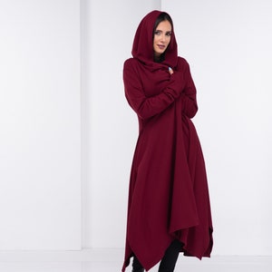 Burgundy Medieval Cloak, Long Witch Cape, Viking Hooded Cloak, Cyberpunk Cosplay Clothing