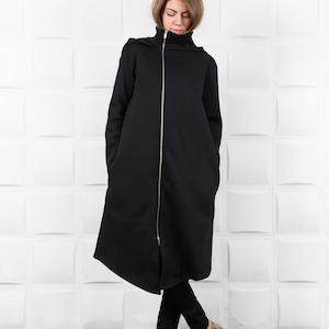 Hooded Coat, Asymmetrical Coat, Black Long Coat, Long Winter Coat, Plus Size Coat, Cotton Coat, Long Jacket, Streetwear Jacket, Loose Coat