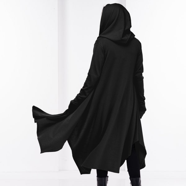 Winter Black Cloak, Hooded Gothic Cape, Long Asymmetric Coat, Womens Witch Cloak, Medieval Cloak