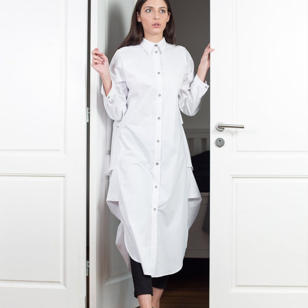 Robe chemise blanche, robe tunique, robe col, robe d’été, robe tunique ample, robe tunique oversize, chemise asymétrique, chemise taille plus