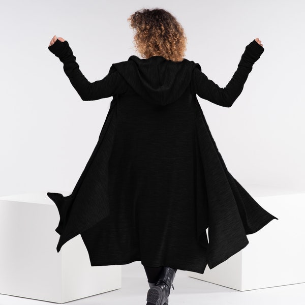 Black Witch Cloak, Open Cardigan Women, Gothic Cloak with Hood, Wool Gothic Cape, Long Hooded Cardigan