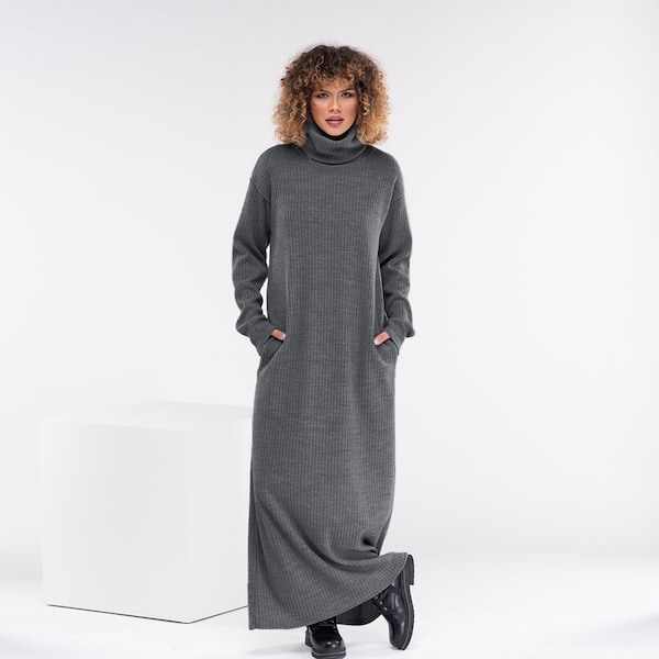 Jumper Dress Women, Autumn Wool Dress, Turtleneck Floor Length Dress, Sweater Dress Women