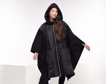 Wool Winter Poncho, Oversized Cyberpunk Jacket, Puffer Jacket Women, Post Apocalyptic Jacket
