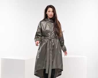 Asymmetrical Oversized Raincoat, Long Cyberpunk Jacket, Hooded Steampunk Coat, Military Womens Raincoat