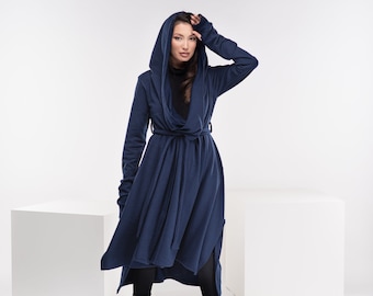 Long Knit Cardigan, Fantasy Asymmetrical Cloak, Wrap Cardigan Women, Blue Sweater Coat, Hooded Wool Cape