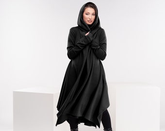 Winter Black Cloak, Hooded Gothic Cape, Long Asymmetric Coat, Womens Witch Cloak, Medieval Cloak, Plus Size Cape, Black Sweater Coat