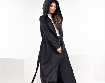 Wool Princess Coat, Hooded Wool Coat, Long Black Gothic Coat, Womens Winter Coat, Goth Plus Size Clothing, Maxi Swing Coat