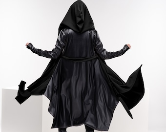 Black Leather Cape, Wool Cloak with Hood, Winter Sweater Coat, Plus Size Witch Goth Cloak, Cosplay Edgy Clothing