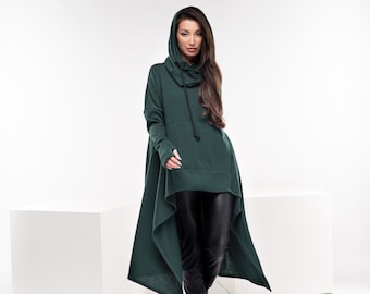 Asymmetrical Wool Sweater, Plus Size Sweater, Long Winter Knit Tunic, Green Hooded Cape