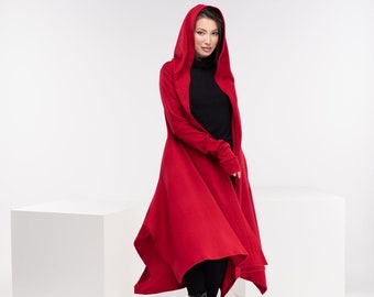 Red Cloak with Hood, Witch Wool Cape, Long Sweater Coat, Elven Hooded Cloak, Cyberpunk Cosplay Clothing