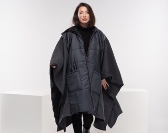 Maxi Puffer Jacket, Cyberpunk Asymmetrical Jacket, Plus Size Winter Poncho, Quilted Techwear Jacket
