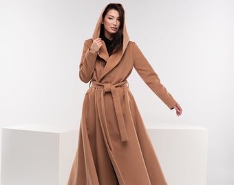 Camel Wool Coat, Hooded Princess Coat, Swing Trench Coat, Plus Size Long Wool Coat, Plus Size Elven Clothing