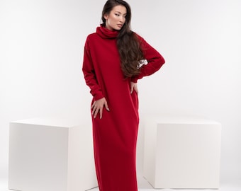 Maxi Red Knit Dress, Turtleneck Sweater Dress, Long Wool Dress, Warm Autumn Dress, Oversized Dress, Long Sleeves Dress, Cute Maxi Dress