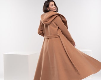 Long Princess Coat, Winter Coat for Women, Hooded Camel Wool Coat, Warm Swing Coat, Plus Size Clothing