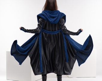 Blue Leather Cloak, Cyberpunk Long Sweater Coat, Hooded Asymmetrical Cape, Chunky Knit Cardigan