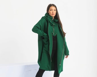 Plus Size Cyberpunk Jacket, Green Gothic Coat, Asymmetrical Steampunk Jacket, Japanese Streetwear
