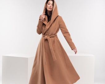 Long Wool Coat, Womens Winter Coat, Winter Cloak with Hood, Camel Cape Coat, Wool Princess Coat, Hooded Coat, Victorian Swing Coat