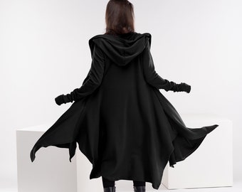 Black Winter Cloak, Wool Plus Size Cape, Goth Sweater Coat, Long Cloak with Hood, Knit Asymmetrical Cardigan, Cyberpunk Clothing