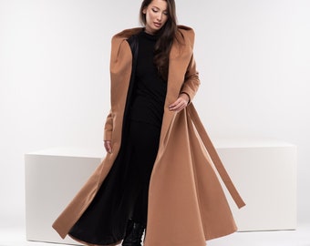 Wool Winter Coat, Long Princess Coat, Hooded Camel Coat, Swing Coat with Belt, Brown Winter Cloak, Wool Overcoat, Capsule Wardrobe