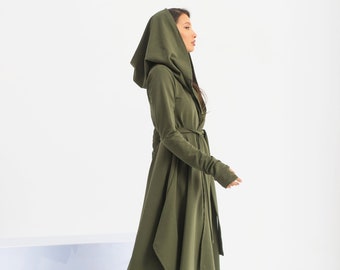 Hooded Green Cloak, Long Cyberpunk Hoodie, Asymmetrical Swing Coat, Adult Elven Cape Coat