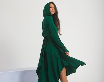 Green Hooded Dress, Asymmetrical Wrap Dress, Witch Autumn Dress, Plus Size Futuristic Clothing