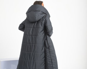 Winter Puffer Jacket, Maxi Quilted Jacket, Hooded Cyberpunk Jacket, Long Asymmetrical Jacket, Winter Futuristic Clothing