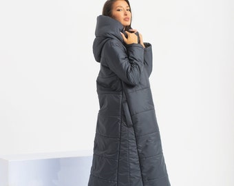 Frauen-Puffer-Mantel, lange Techwear-Jacke, Wachs-Bomber-Jacke, Winter-Gothic-Garderobe, Cyberpunk-Jacke mit Kapuze, graue Maxi-Jacke, Plus Größen