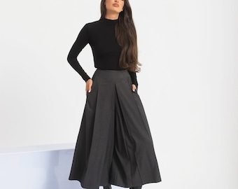 Pantalon large en laine, Pantalon jupe palazzo pour femme, Pantalon plissé taille haute, Pantalon femme gris