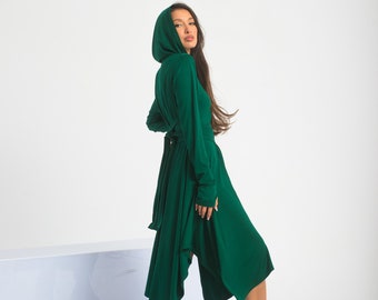Green Hooded Dress, Asymmetrical Wrap Dress, Witch Autumn Dress, Plus Size Futuristic Clothing