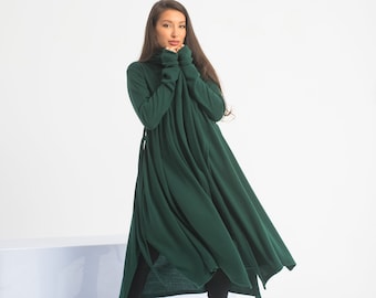 Green Wool Coat, Medieval Fantasy Cape, Green Witch Cloak, Long Hooded Cardigan, Cyberpunk Cosplay Clothing