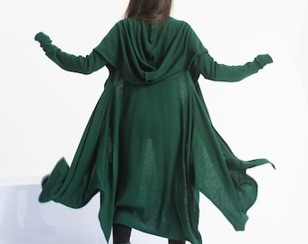 Green Wool Sweater Coat, Hooded Winter Cloak, Oversized Cardigan, Asymmetrical Maxi Jumper Cape, Medieval Cape Coat, Witch Goth Cardigan