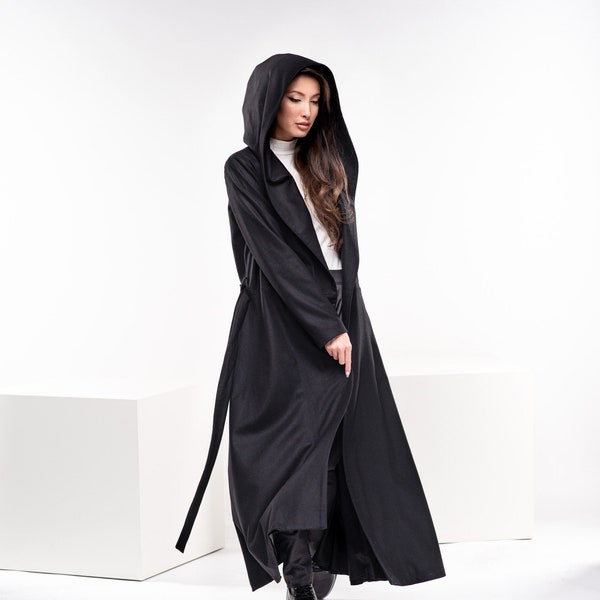 Wool Princess Coat, Hooded Wool Coat, Long Black Gothic Coat, Womens Winter Coat, Goth Plus Size Clothing, Maxi Swing Coat