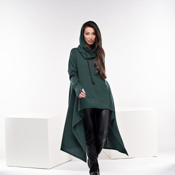 Asymmetrical Wool Sweater, Plus Size Sweater, Long Winter Knit Tunic, Green Hooded Cape