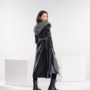 Wool Leather Cloak, Long Womens Cape, Long Sweater Coat, Hooded Gray Cardigan, Asymmetrical Winter Cloak