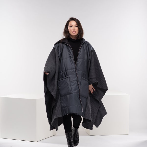 Maxi Puffer Jacket, Cyberpunk Asymmetrical Jacket, Plus Size Winter Poncho, Quilted Techwear Jacket